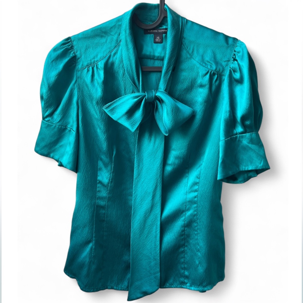 Banana Republic 100% Silk Tie Knot Teal Blue Blouse Extra Small (XS)